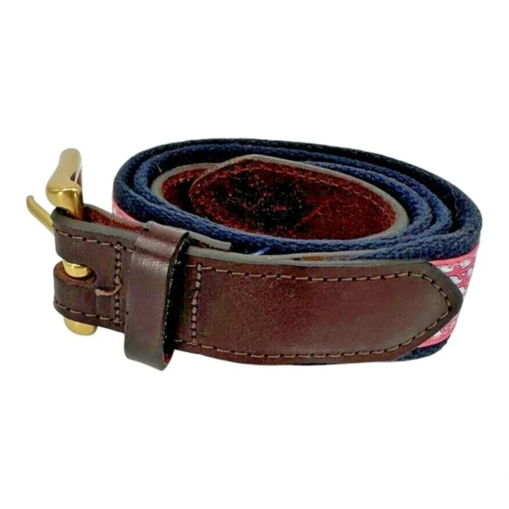 Vineyard Vines Men's Blue Woven Cotton Pink Canvas Whale Logo Golf Belt Size S/M